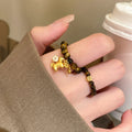 Tiger Eye Beaded Horse Copper Coin Ring, Minimalist New Chinese Geometric Round Women's Jewelry view 3