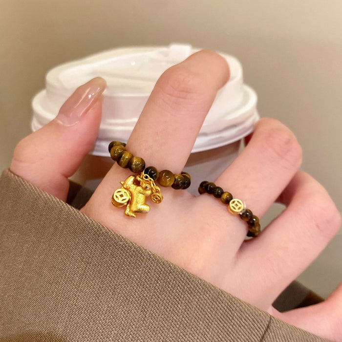 Tiger Eye Beaded Horse Copper Coin Ring, Minimalist New Chinese Geometric Round Women's Jewelry