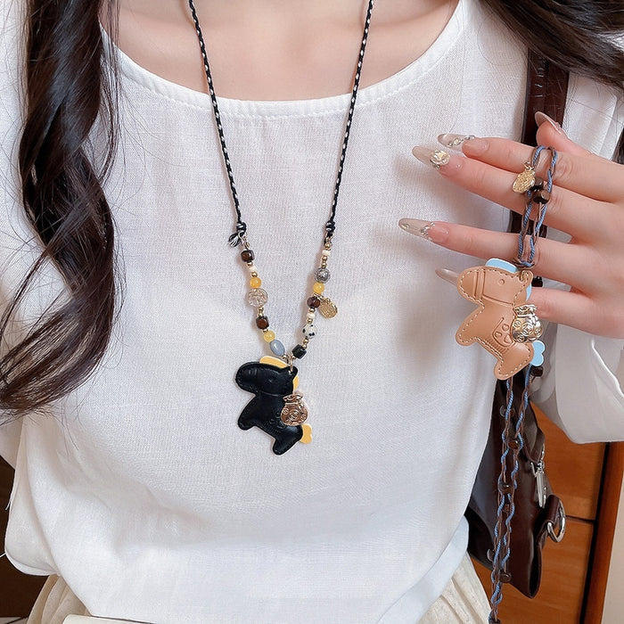Vacation Style Acrylic Stone Beaded Leather Horse Pendant Sweater Necklace