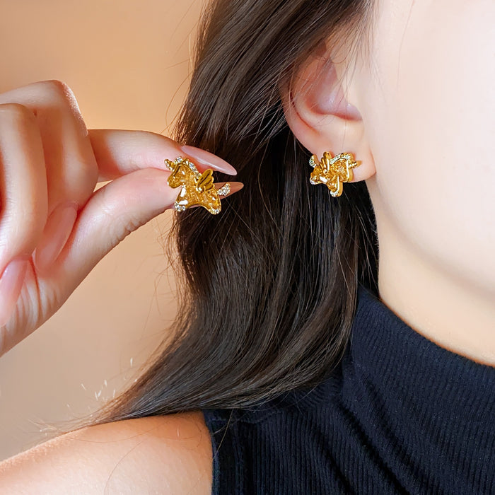 18K Gold Plated Silver Needle Zircon Crystal Horse Stud Earrings Light Luxury Zodiac Jewelry