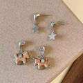 Light Luxury Wooden Horse And Star Pendant Drop Earrings With Silver Needles For Daily Wear view 3