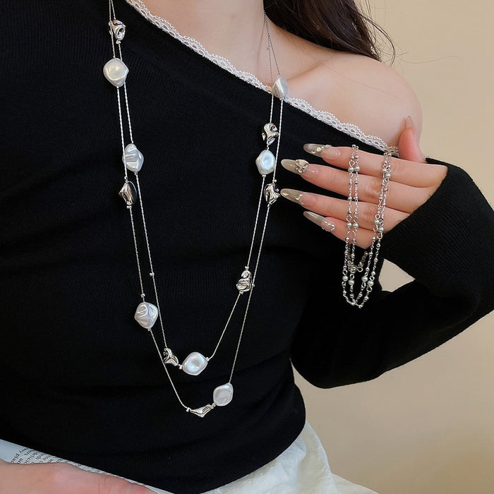 French Retro Crystal Beaded Faux Pearl Geometric Round Sweater Necklace For Women