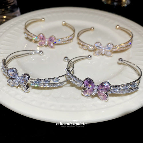 Light Luxury Copper Zircon Butterfly Double Layer Open Bangle For Women