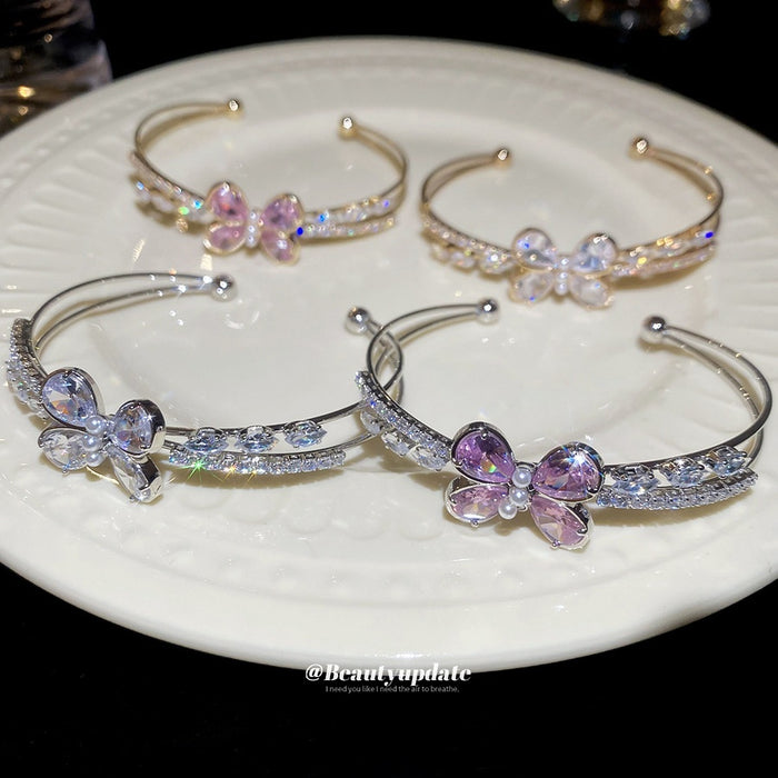 Light Luxury Copper Zircon Butterfly Double Layer Open Bangle For Women