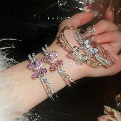 Light Luxury Copper Zircon Butterfly Double Layer Open Bangle For Women