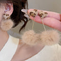Elegant Plush Heart Pom Pom Drop Earrings With Silver Needle Studs Vintage Winter Jewelry view 1