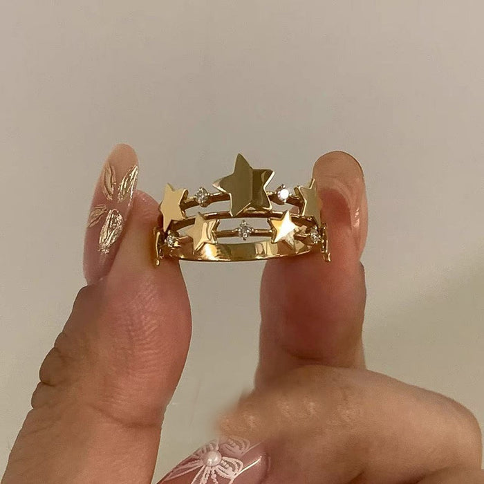 French Vintage Copper Zircon Star Open Ring Light Luxury Adjustable Index Finger Jewelry