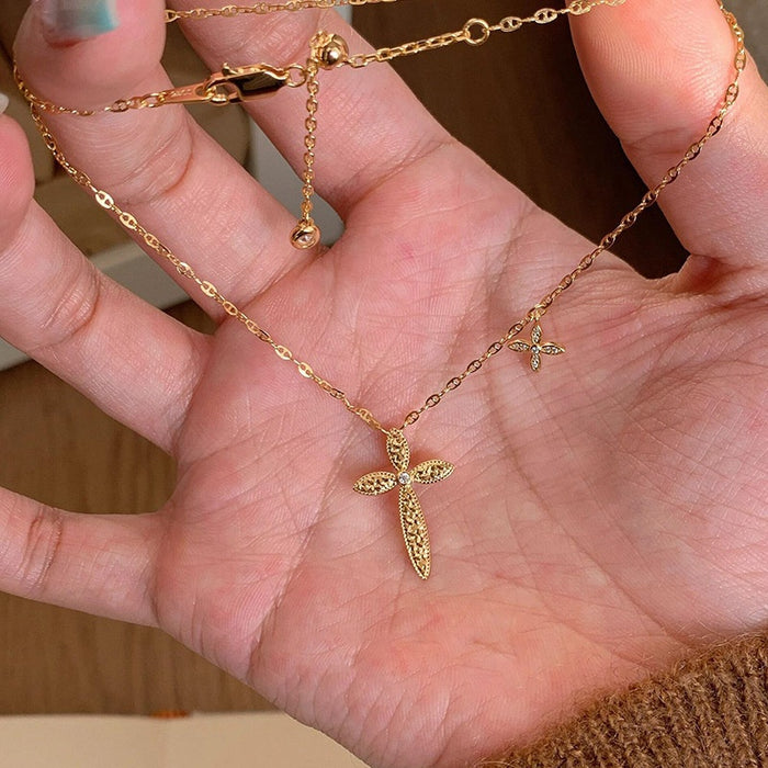 24K Gold Plated Copper Cubic Zirconia Cross Necklace Light Luxury Clavicle Chain For Women