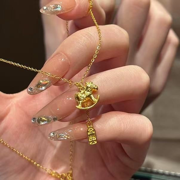 24K Gold Plated Copper Horse Amulet Necklace New Chinese Retro Light Luxury Choker
