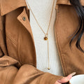 Coffee Resin Heart Pendant Copper Sweater Necklace, Vintage Light Luxury Geometric Round Charm view 4