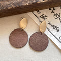 Ethnic Style Wooden Round Pendant Drop Earrings With Silver Pins, Geometric Vintage Boho Jewelry view 2