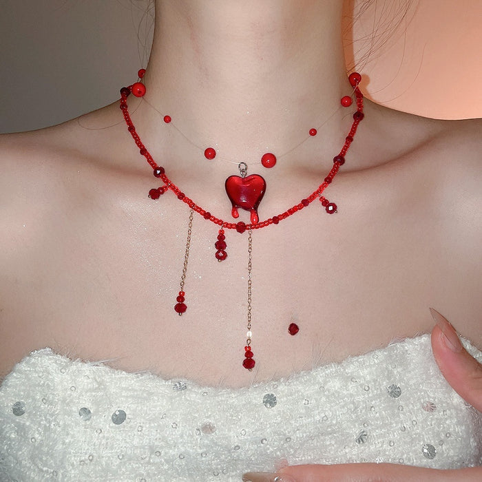 Light Luxury Artificial Crystal Beaded Tassel Geometric Collarbone Choker Necklace