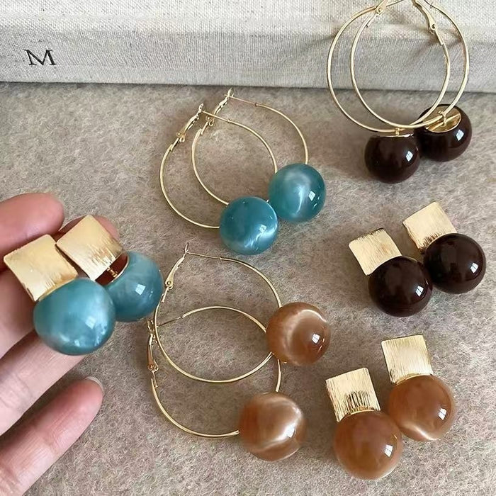 Minimalist Resin Round Pendant Hoop Earrings With Silver Pins For Women Fashion OL Geometric Jewelry