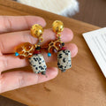 Vintage New Chinese Natural Stone Flower Drop Earrings Sterling Silver Post Elegant Ethnic Chic OL Style Jewelry view 4