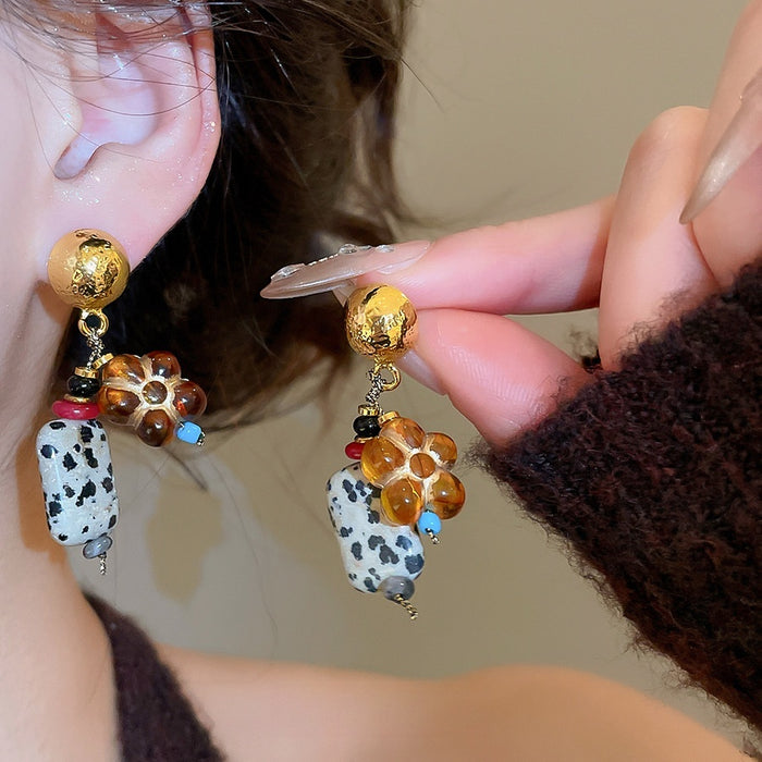Vintage New Chinese Natural Stone Flower Drop Earrings Sterling Silver Post Elegant Ethnic Chic OL Style Jewelry