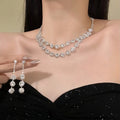 Light Luxury Copper Rhinestone Double Layer Round Flower Necklace And Stud Earrings Jewelry Set view 1