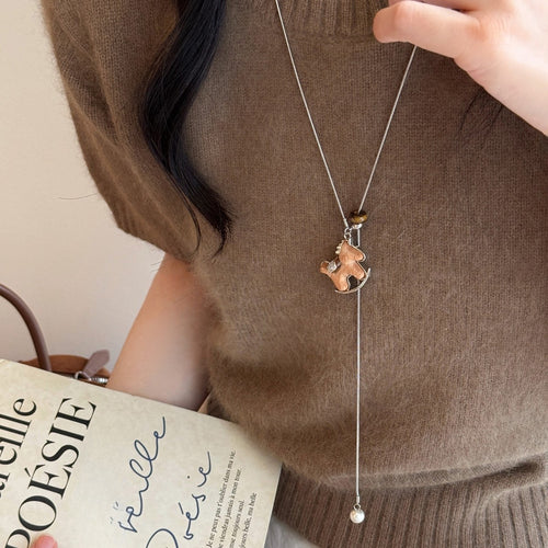 Light Luxury Leather Wood Bead Horse Pendant Sweater Necklace New Chinese Zodiac Style Jewelry