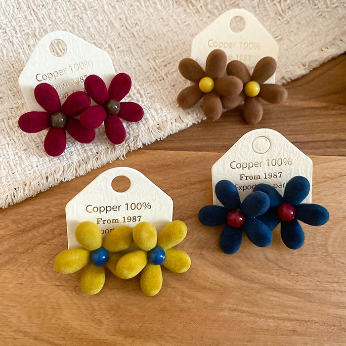 Acrylic Flocked Flower Stud Earrings With Silver Pins, Dopamine Style Versatile Women's Jewelry