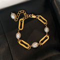 18K Gold Plated Chain Freshwater Pearl Bangle Light Luxury Geometric Elegant Bracelet For Women view 4