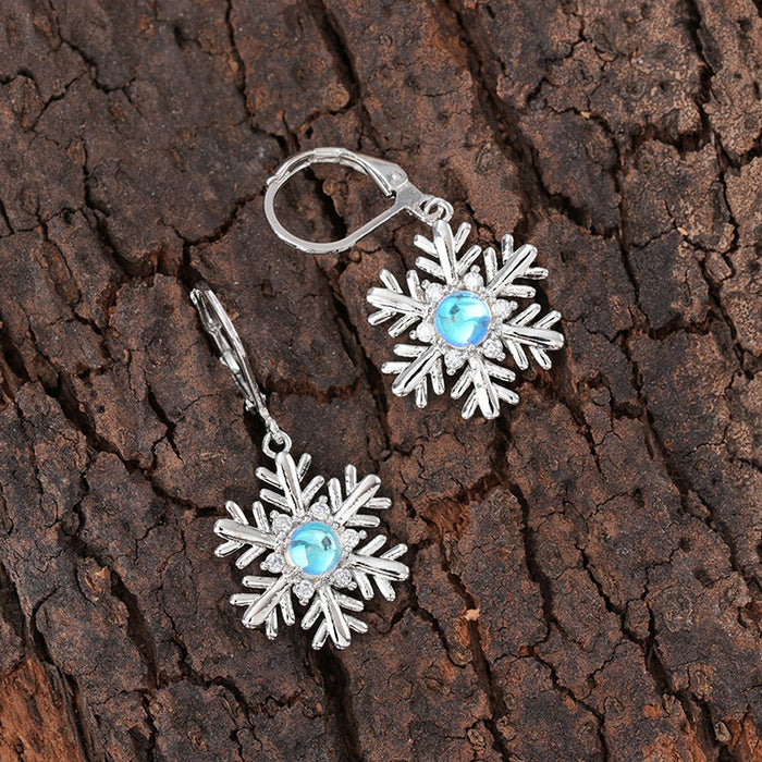 Faux Moonstone Snowflake Flower Drop Earrings For Women, Christmas Romantic Festive Jewelry