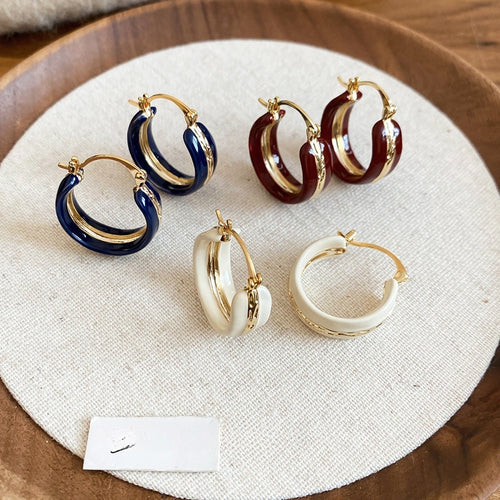 Vintage Enamel Round Copper Huggie Earrings For Women Minimalist Daily Commuter Jewelry