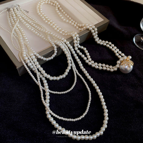 French Vintage Glass Beaded Faux Pearl Geometric Sweater Necklace Light Luxury Elegant Jewelry
