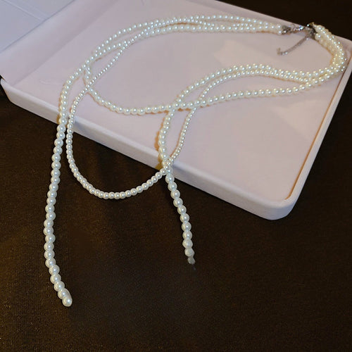 Light Luxury Vintage Faux Pearl Multi Layer Sweater Necklace Elegant Geometric Round Collarbone Chain