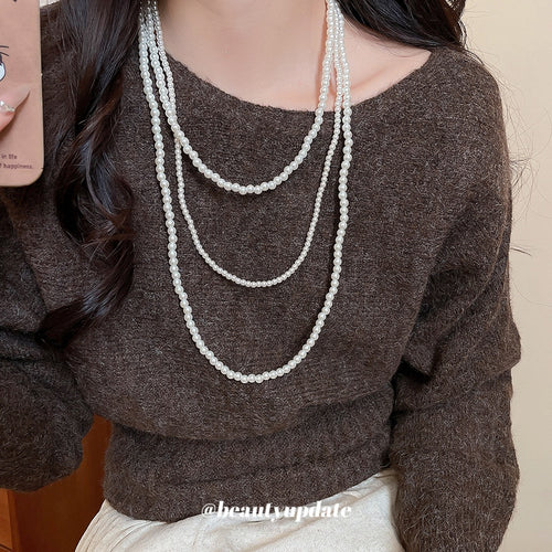 Light Luxury Vintage Faux Pearl Multi Layer Sweater Necklace Elegant Geometric Round Collarbone Chain