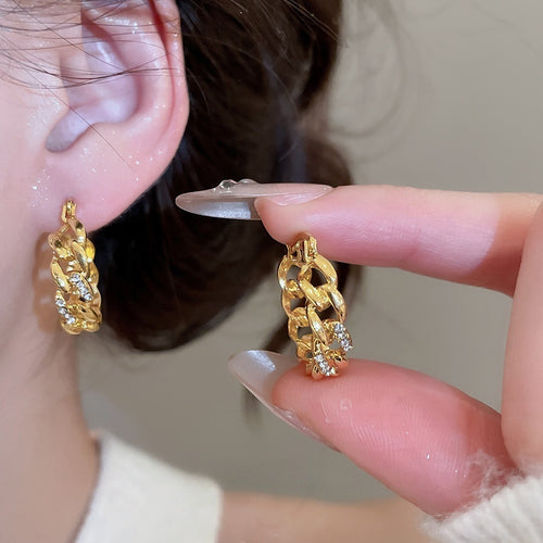 French Vintage Alloy Rhinestone Hollow Chain Ear Cuff Drop Earrings, Geometric Luxury Style