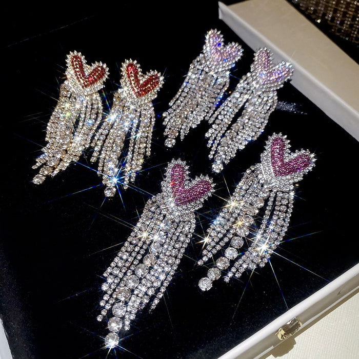 Alloy Rhinestone Heart Tassel Drop Earrings Elegant Light Luxury Western Style For Women