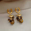 18K Gold Plated Tiger Eye Stone Bird Tassel Drop Earrings Vintage Geometric Round Jewelry view 3