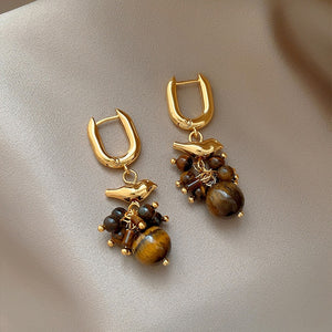 18K Gold Plated Tiger Eye Stone Bird Tassel Drop Earrings Vintage Geometric Round Jewelry