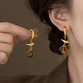 18K Gold Plated Tiger Eye Stone Bird Tassel Drop Earrings Vintage Geometric Round Jewelry view 2