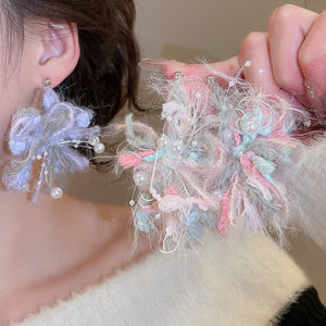 Sweet Floral Yarn Flower Faux Pearl Silver Needle Drop Earrings For Women