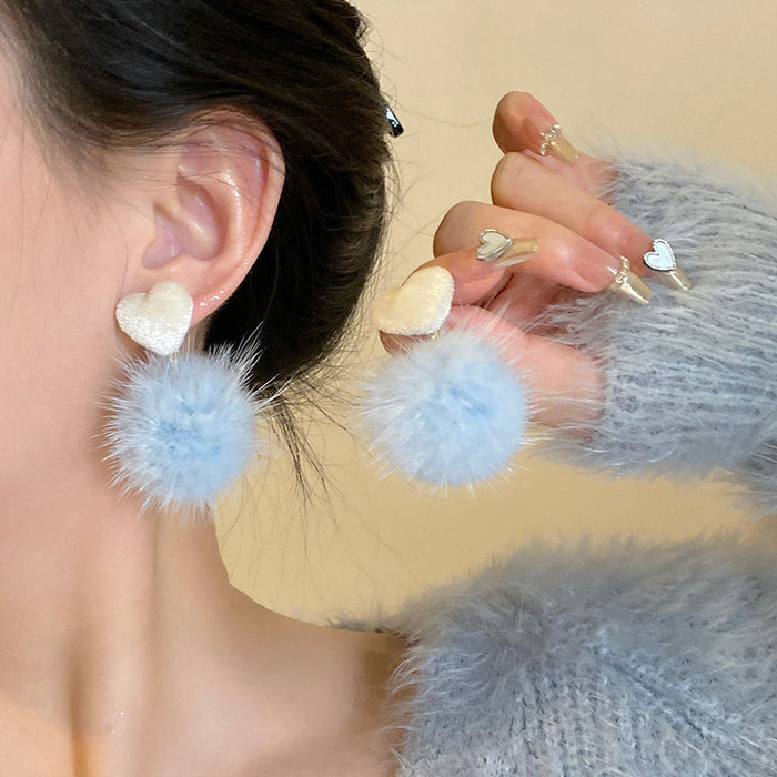 Fabric Yarn Heart Pom Pom Drop Earrings With Silver Needle Pins Casual Winter Jewelry