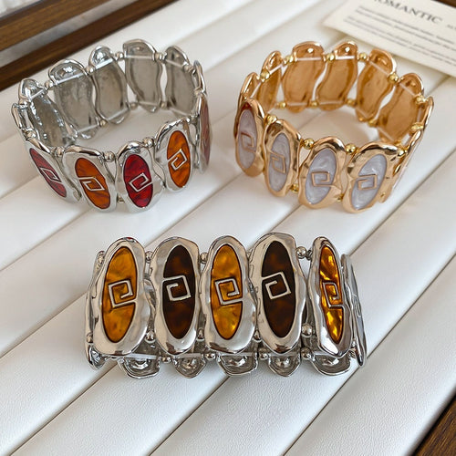 Vintage Light Luxury Oval Enamel Alloy Stretch Bangle With Geometric Spliced Design