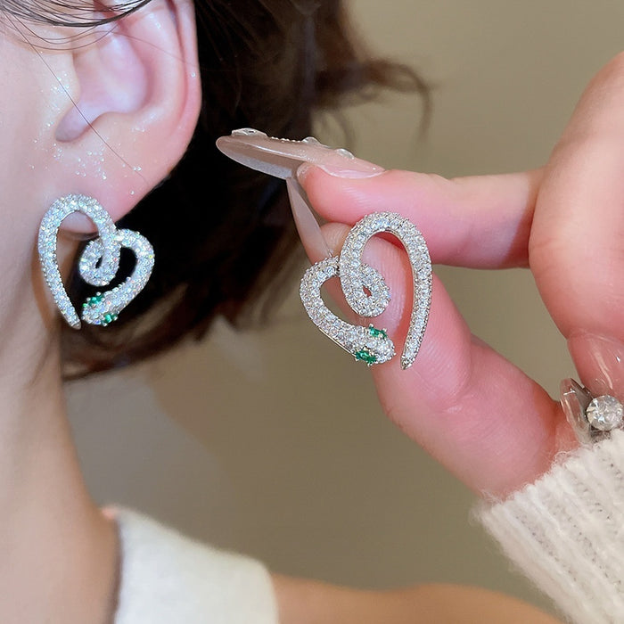 Copper Zircon Snake Heart Stud Earrings With Silver Pins, Luxe Niche Animal Design