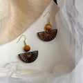 New Chinese Style Wooden Bead Fan Hollow Pendant Drop Earrings Ethnic Geometric Ear Hooks view 2