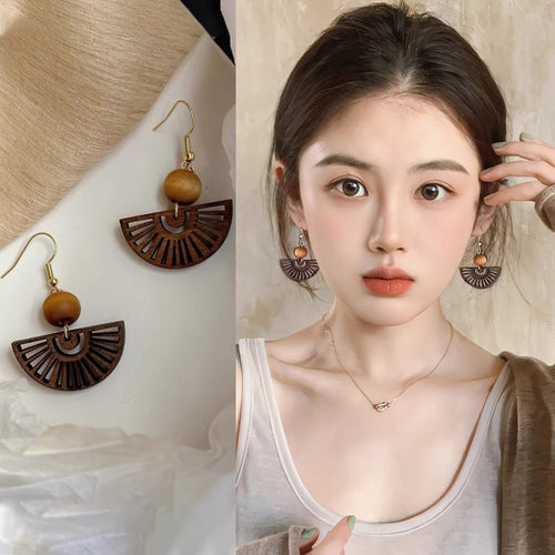 New Chinese Style Wooden Bead Fan Hollow Pendant Drop Earrings Ethnic Geometric Ear Hooks