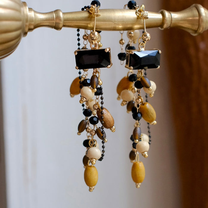 Ethnic Style Wooden Bead Square Tassel Stud Earrings With Silver Pins Vintage Geometric Dangle Design