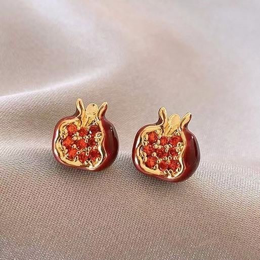Alloy Red Pomegranate Rhinestone Stud Earrings With Silver Posts, New Chinese Light Luxury OL Style