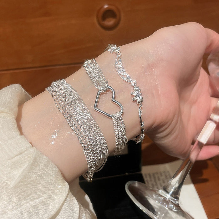 Light Luxury Copper Heart Zircon Layered Lace Silver Tone Korean Style Bangle