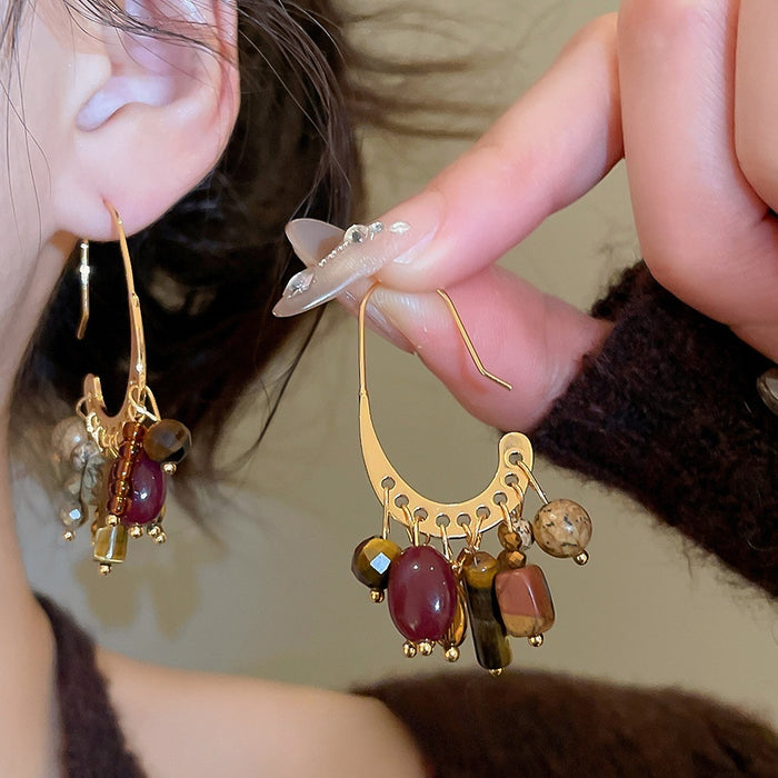 18K Gold Plated Stone Tassel Drop Earrings Vintage Ethnic Geometric Ear Hook Jewelry