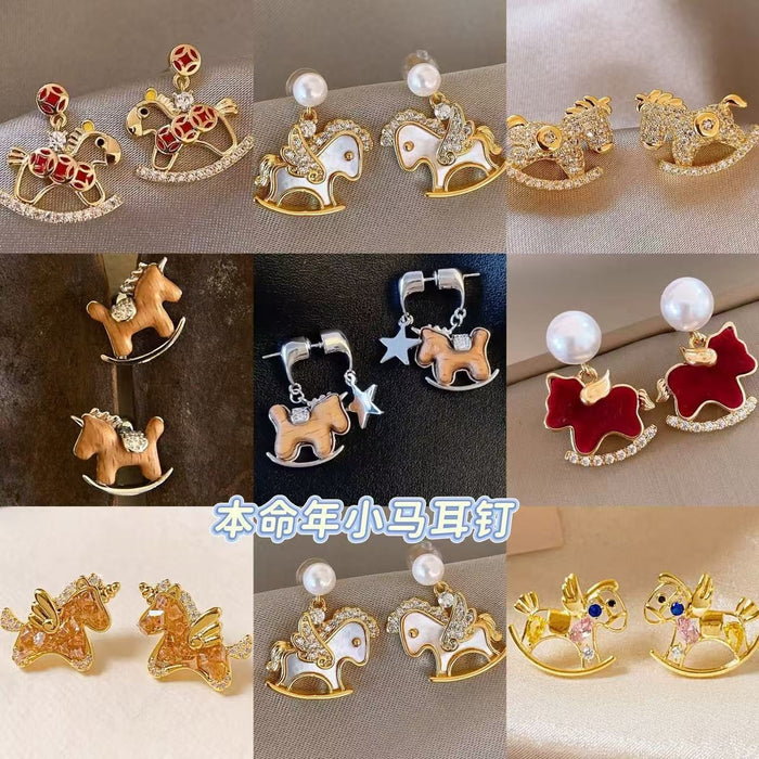 Light Luxury Copper Little Horse Zodiac Pendant Drop Earrings With Silver Posts For Daily Commute