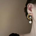 Light Luxury Alloy Moon Star Pearl Stud Earrings With Rhinestones Vintage Elegant Women's Jewelry view 2