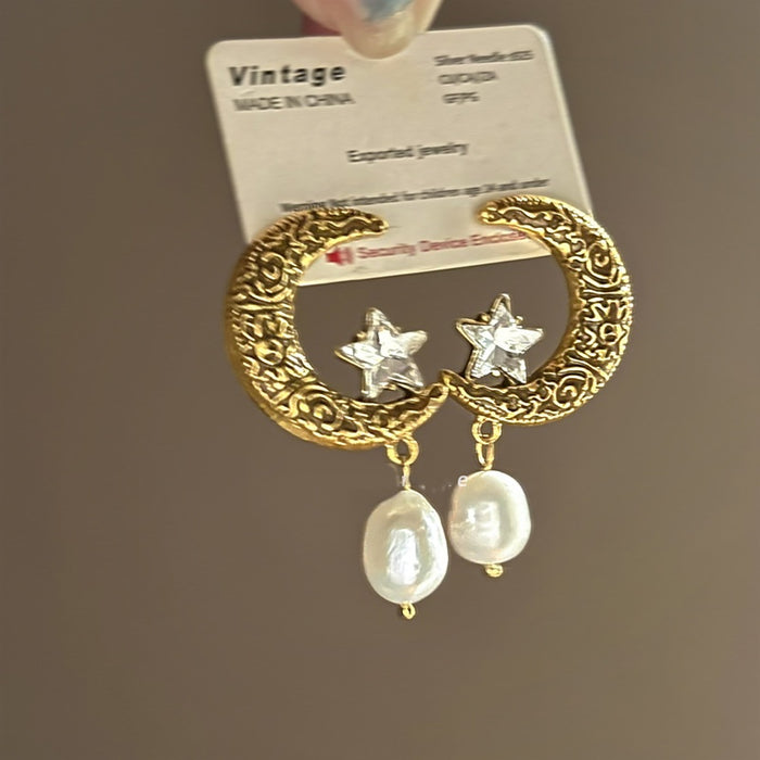 Light Luxury Alloy Moon Star Pearl Stud Earrings With Rhinestones Vintage Elegant Women's Jewelry