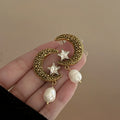 Light Luxury Alloy Moon Star Pearl Stud Earrings With Rhinestones Vintage Elegant Women's Jewelry view 3