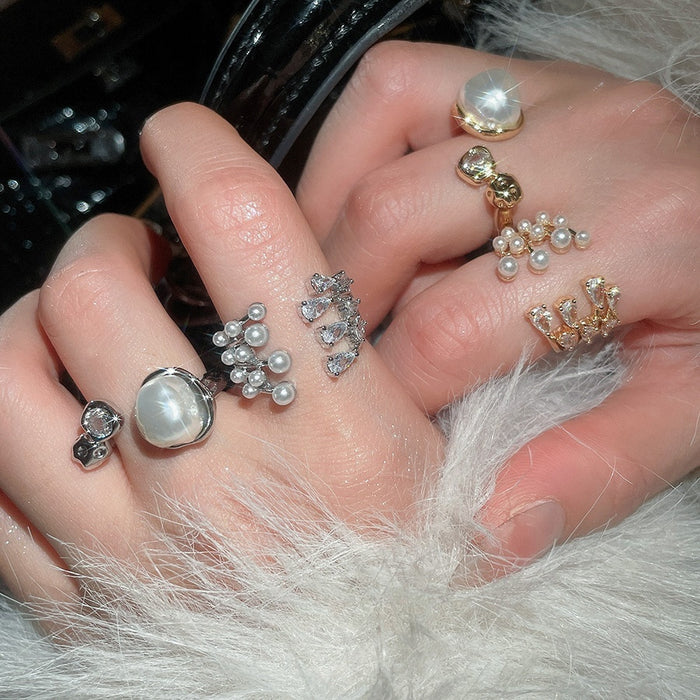 French Vintage Faux Pearl Zircon Multilayer Open Ring For Women Geometric Light Luxury
