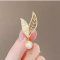 18K Gold Plated Faux Pearl Mother Of Pearl Leaf Brooch For Women view 3
