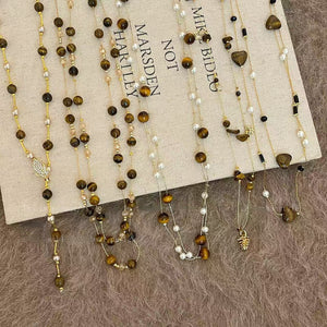 Maillard Vintage Tiger Eye Round Beaded Sweater Necklace, Elegant Light Luxury Geometric Jewelry